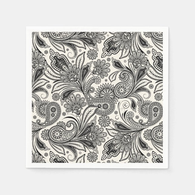 Guardanapo De Papel Preto e branco paisley (Frente)
