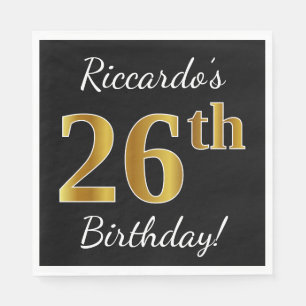 Guardanapo De Papel Preto, Faux Dourado 26º Aniversário + Nome Perso