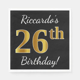 Guardanapo De Papel Preto, Faux Dourado 26º Aniversário + Nome Persona