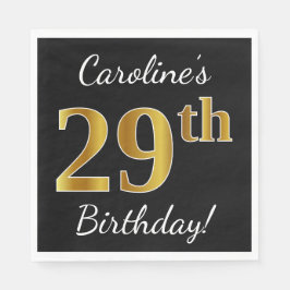 Guardanapo De Papel Preto, Faux Dourado 29º Aniversário + Nome Persona