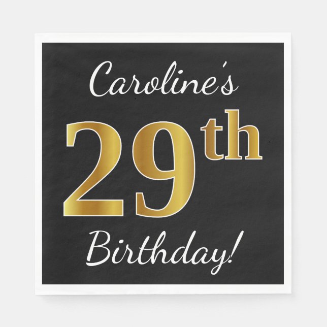 Guardanapo De Papel Preto, Faux Dourado 29º Aniversário + Nome Persona (Frente)