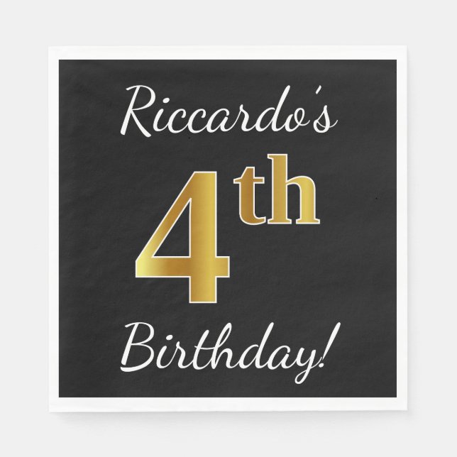 Guardanapo De Papel Preto, Faux Dourado 4º aniversário + Nome Personal (Frente)