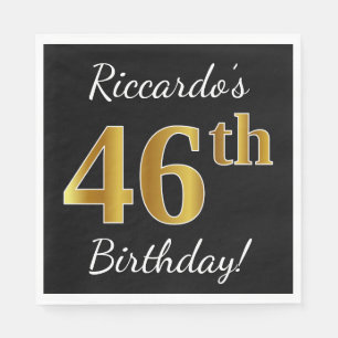 Guardanapo De Papel Preto, Faux Dourado 46º Aniversário + Nome Perso