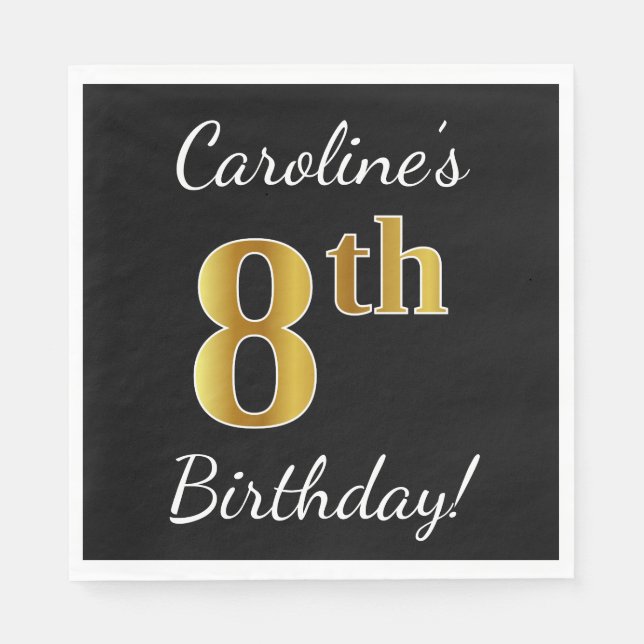 Guardanapo De Papel Preto, Faux Dourado 8º aniversário + Nome Personal (Frente)