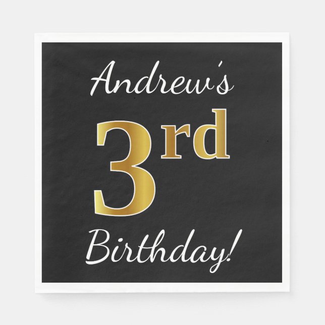 Guardanapo De Papel Preto, Faux Dourado aniversário de 3 anos + Nome P (Frente)