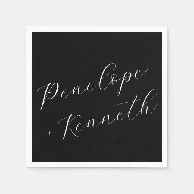 Guardanapo De Papel Preto Personalizado de Casamento de Caligrafia de  (Frente)