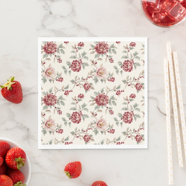 Guardanapo De Papel Pretty Chic Red Cream Floral Birthday  (Insitu)