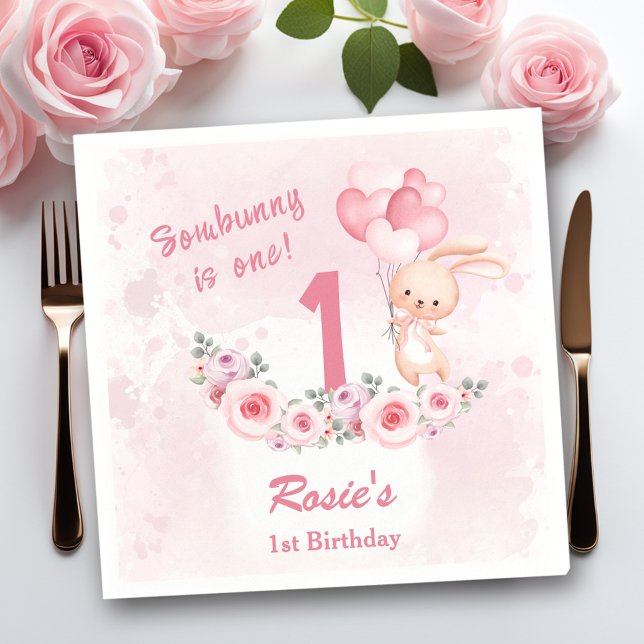 Guardanapo De Papel Primavera Floral de primeiro aniversario Rosa Boni (Cute Bunny Pink 1st Birthday Girl Floral Spring Napkins)
