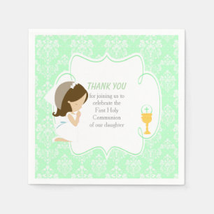 Guardanapo De Papel Primeira Comunhão Brunette Girl Green Damask