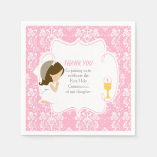 Guardanapo De Papel Primeira Comunhão Brunette Girl Pink Damask
