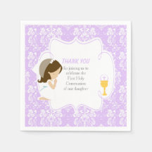 Primeira Comunhão Brunette Girl Purple Damask