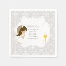 Primeira Comunhão Brunette Girl Silver Damask