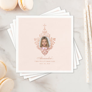 Guardanapo De Papel Primeira Comunhão Cruz em Ouro Rosa Foto Menina Bl