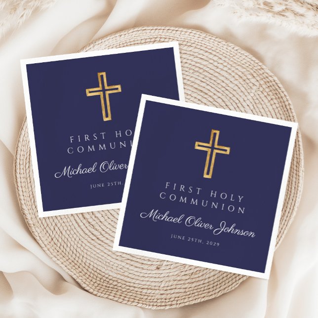 Guardanapo De Papel Primeira Comunhão de Cristo Religioso marinho Azul (Navy Blue Religious Cross Boy First Communion Napkins)