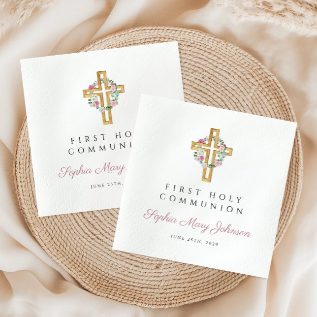 Guardanapo De Papel Primeira Comunhão de Garota Floral Rosa (Pink Floral Wreath Girl First Communion Napkins)