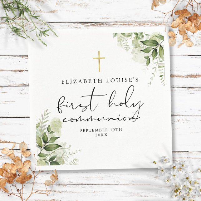 Guardanapo De Papel Primeira Comunhão Elegante com Verdor Rústico (Rustic Greenery Elegant First Holy Communion Napkins)