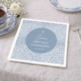 Guardanapo De Papel Primeira Comunhão Menino Padrão Floral Azul e Bran