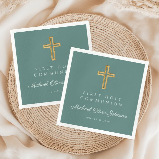 Guardanapo De Papel Primeira Comunhão Religiosa da Cruz Verde Elegante (Elegant Green Cross Religious First Communion Napkins)