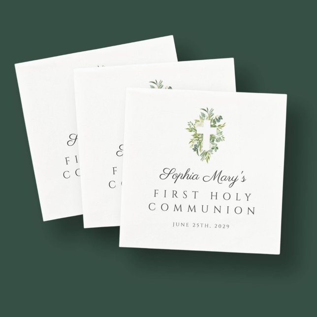 Guardanapo De Papel Primeira Comunicação da Cruz Botânica Verde Elegan (Elegant Green Botanical Cross First Communion Napkins)