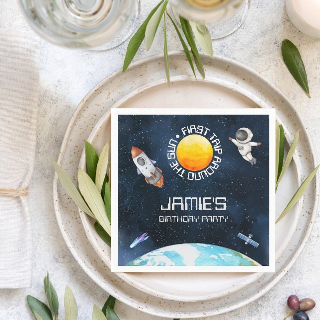 Guardanapo De Papel Primeira Viagem Em Torno Do primeiro aniversario D (First Trip Around The Sun Space Theme 1st Birthday Napkin)