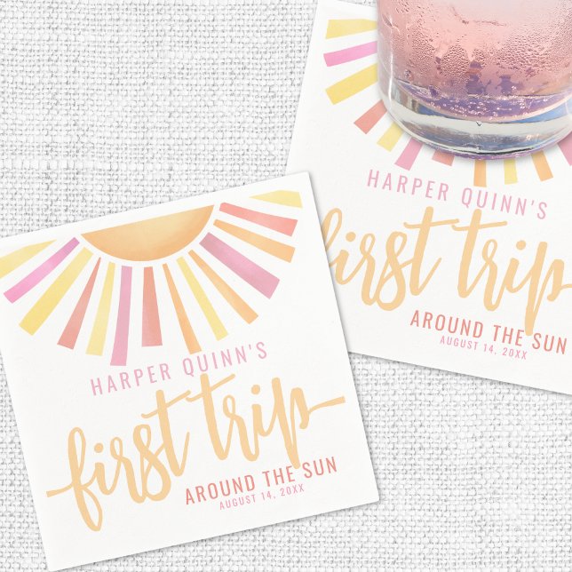 Guardanapo De Papel Primeira viagem rosa em torno do primeiro aniversa (Pink First Trip Around The Sun 1st Birthday Napkins)