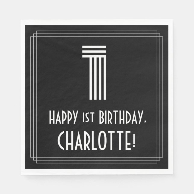Guardanapo De Papel primeiro aniversario: Art Deco Inspira "1" + Nome (Frente)