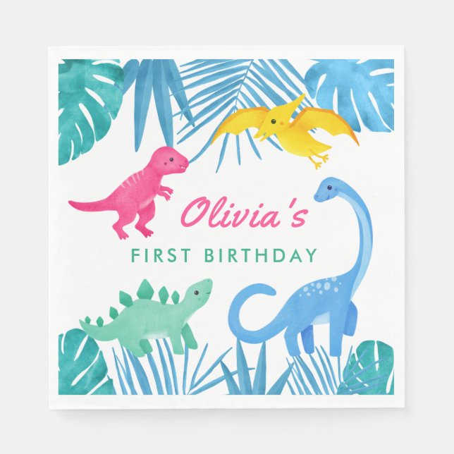 Guardanapo De Papel Primeiro aniversario Colorido da Menina Dinossauro (Frente)
