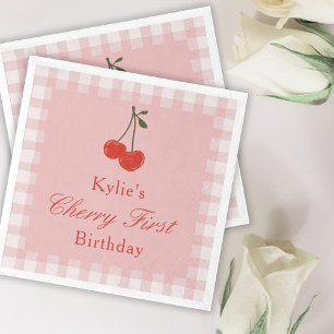 Guardanapo De Papel Primeiro Aniversário da Cereja da Rapariga Rosa e