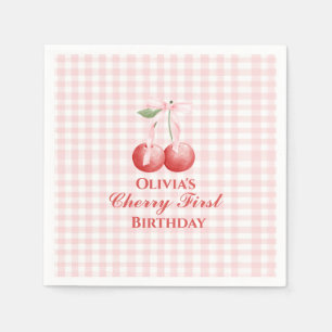 Guardanapo De Papel Primeiro aniversário da Cherry Pink Arco Gingham