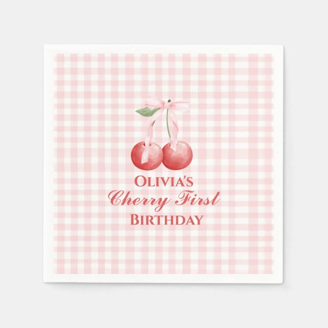 Guardanapo De Papel Primeiro aniversário da Cherry Pink Arco Gingham (Frente)