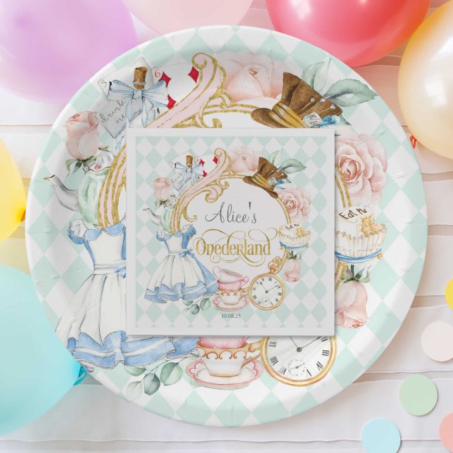 Guardanapo De Papel Primeiro aniversario da festa do chá Mint Alice Wo (Teal, Girl 1st birthday, Mad hatter, Tea party, Alice in Wonderland, birthday paper napkins.)
