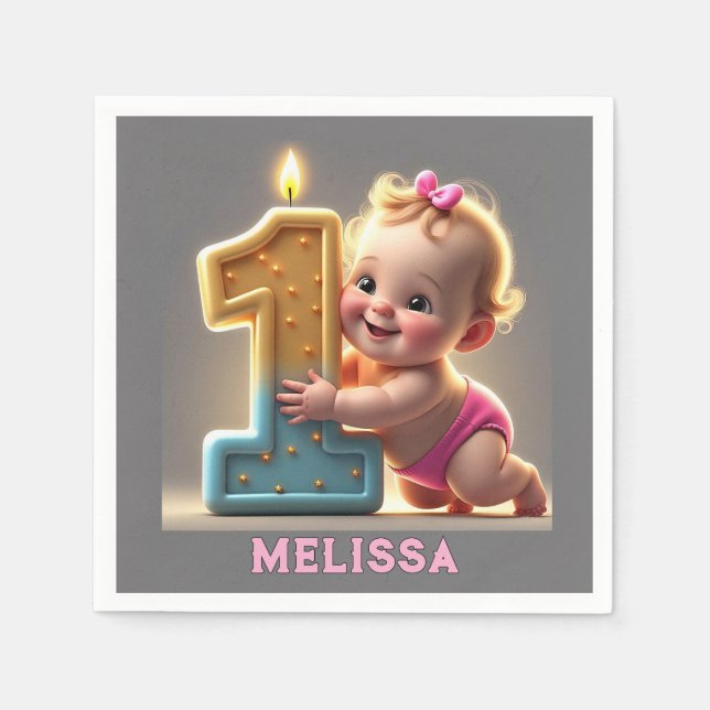 GUARDANAPO DE PAPEL "PRIMEIRO ANIVERSÁRIO DA GAROTA DE BEBÊ" (Frente)