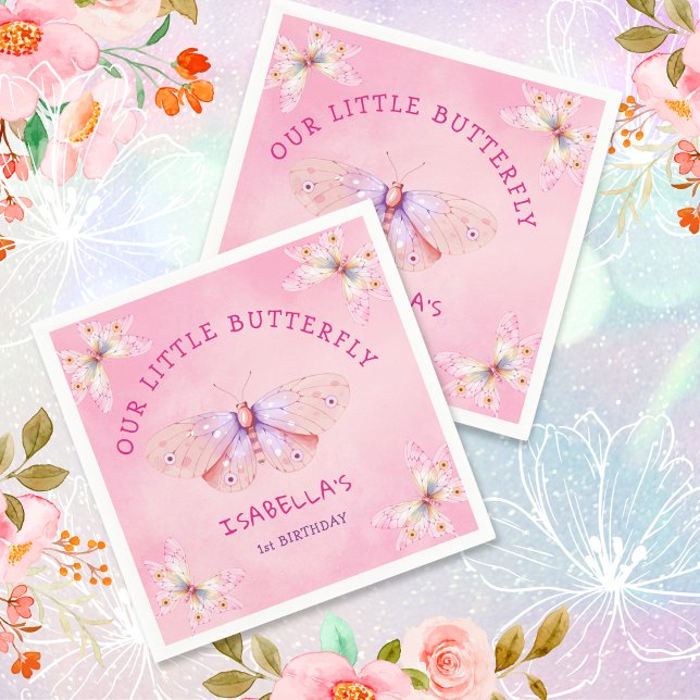 Guardanapo De Papel Primeiro aniversario da moça de borboleta rosa Pas (Pastel Pink Butterfly Theme Girl's 1st Birthday Napkins
)