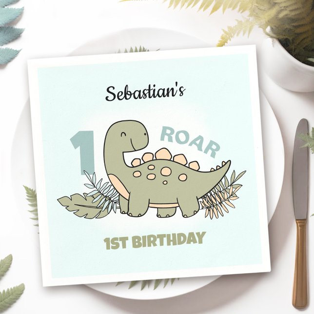 Guardanapo De Papel Primeiro aniversario de desenho animado azul Dinos (Cute Cartoon Dinosaur Blue Green Boy 1st Birthday Napkins)