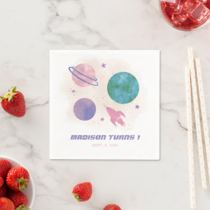 Guardanapo De Papel Primeiro aniversario de Garota Planeta de Aquarela