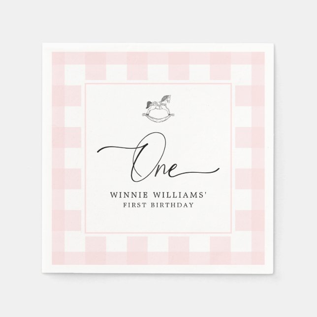 Guardanapo De Papel Primeiro aniversario de Gingham Rosa-Rosa-Rocco Na (Frente)