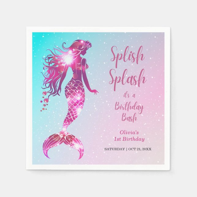 Guardanapo De Papel Primeiro aniversario de Splash Smermaid Baby Girl (Frente)