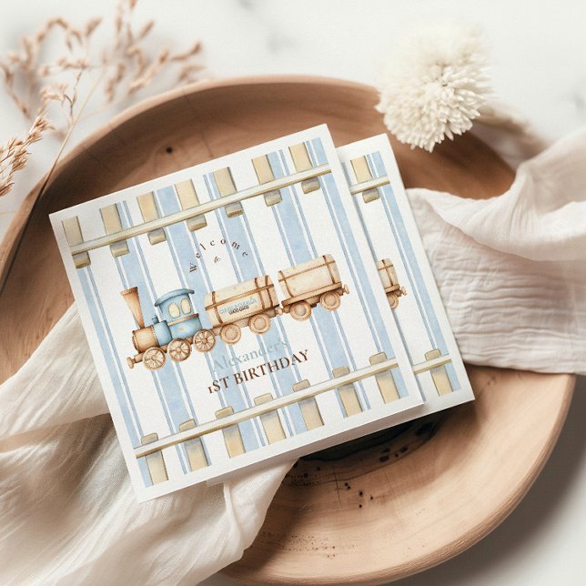 Guardanapo De Papel Primeiro aniversario do comboio com aquarela azul (Criador carregado)