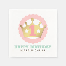 Guardanapo De Papel Primeiro Aniversário Dourado Princesa Coroa e Pink