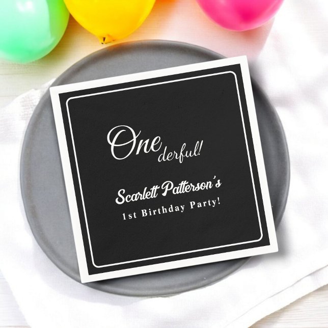 Guardanapo De Papel Primeiro aniversario Elegante Branco E Preto Simpl (Criador carregado)