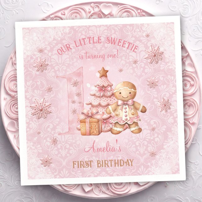 Guardanapo De Papel primeiro aniversario Gingerbird Man Girl Rosa Nata (1st Birthday Gingerbread Man Girl Pink Christmas Napkins)