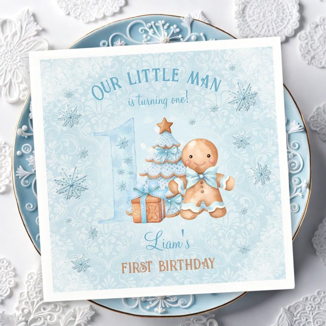 Guardanapo De Papel primeiro aniversario Pão-Pão Homem Menino Azul Nat (1st Birthday Gingerbread Man Boy Blue Christmas Napkins)