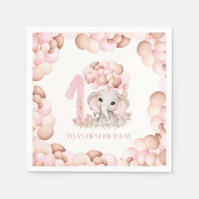 Guardanapo De Papel Primeiro Aniversário Rapariga Bonita Elefante Rosa (Frente)