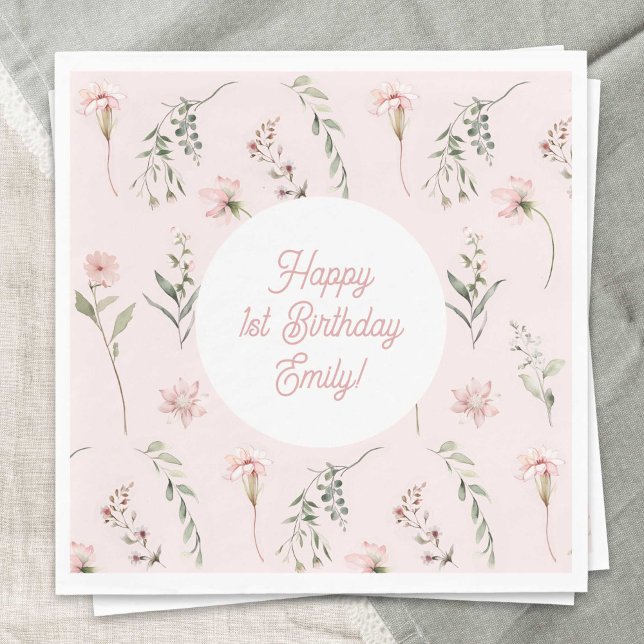 Guardanapo De Papel Primeiro aniversario Rosa, flor selvagem e verde (Watercolor Wildflower, Pink baby Girl 1st BIrthday paper napkins.)