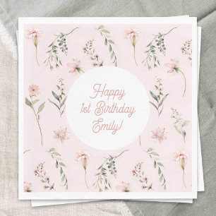 Guardanapo De Papel Primeiro aniversario Rosa, flor selvagem e verde
