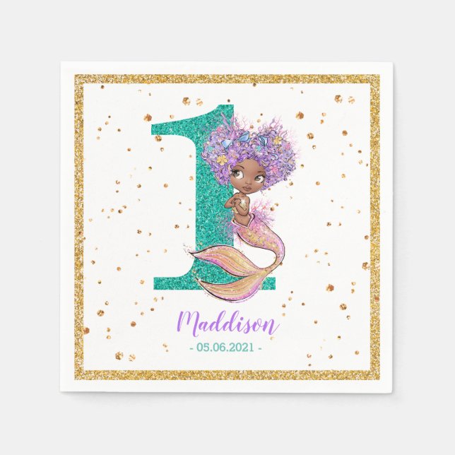 Guardanapo De Papel Primeiro aniversario Sereia Afro-Americano Napkins (Frente)