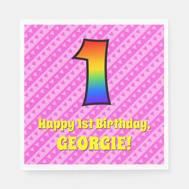 Guardanapo De Papel primeiro aniversario: Stripes e Corações Rosa, Arc (Frente)