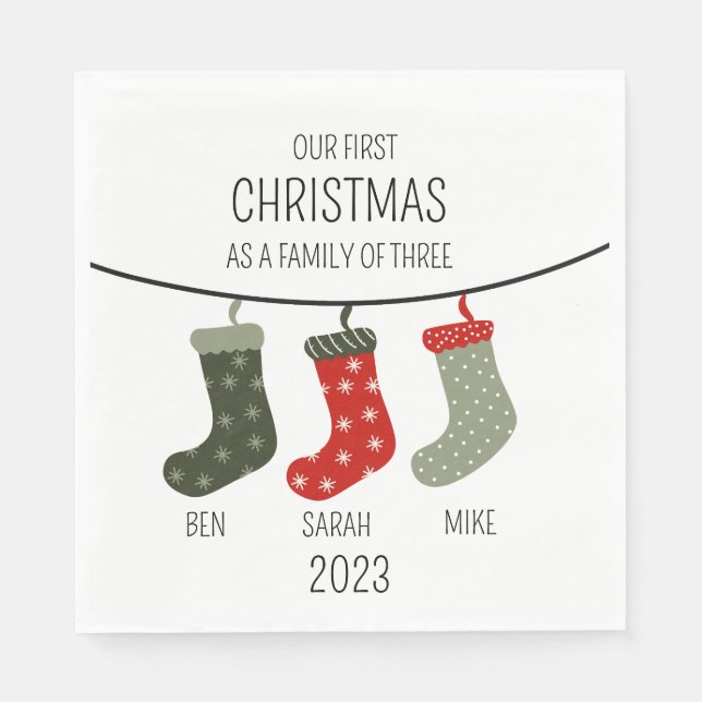 Guardanapo De Papel Primeiro Natal como família de três (Frente)