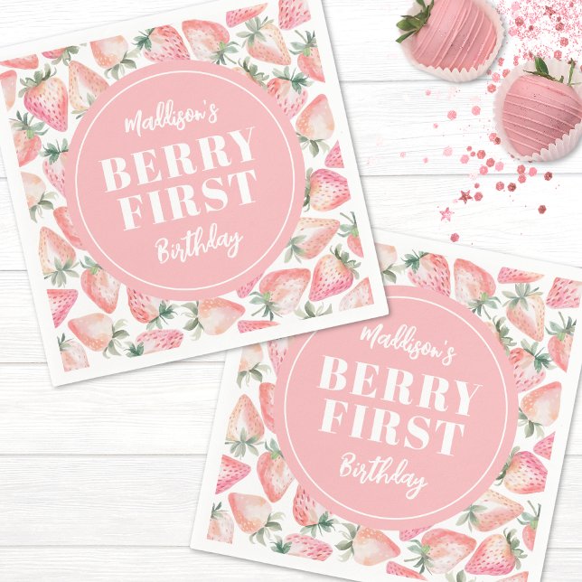 Guardanapo De Papel Primeiro primeiro aniversario do Strawberry Berry (Strawberry Berry First 1st Birthday Party Napkins)