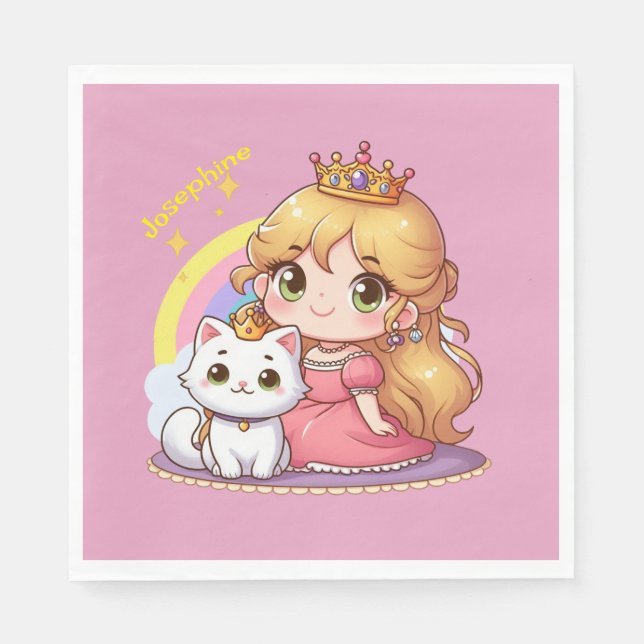 Guardanapo De Papel Princesa Cuta Personalizável com Gato Branco (Frente)